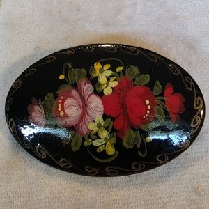 Vintage Russian Floral Hand-Painted Oval Brooch